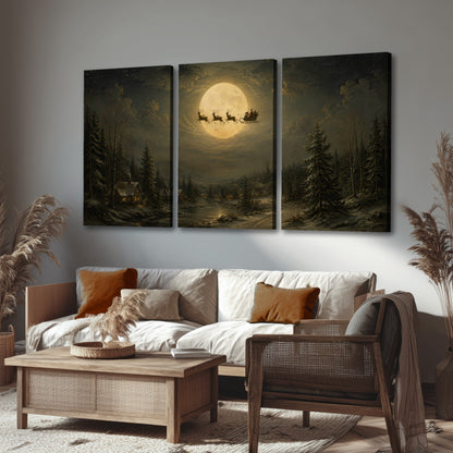 Santa sleigh full moon painting 3 piece canvas wall art in a rustic living room