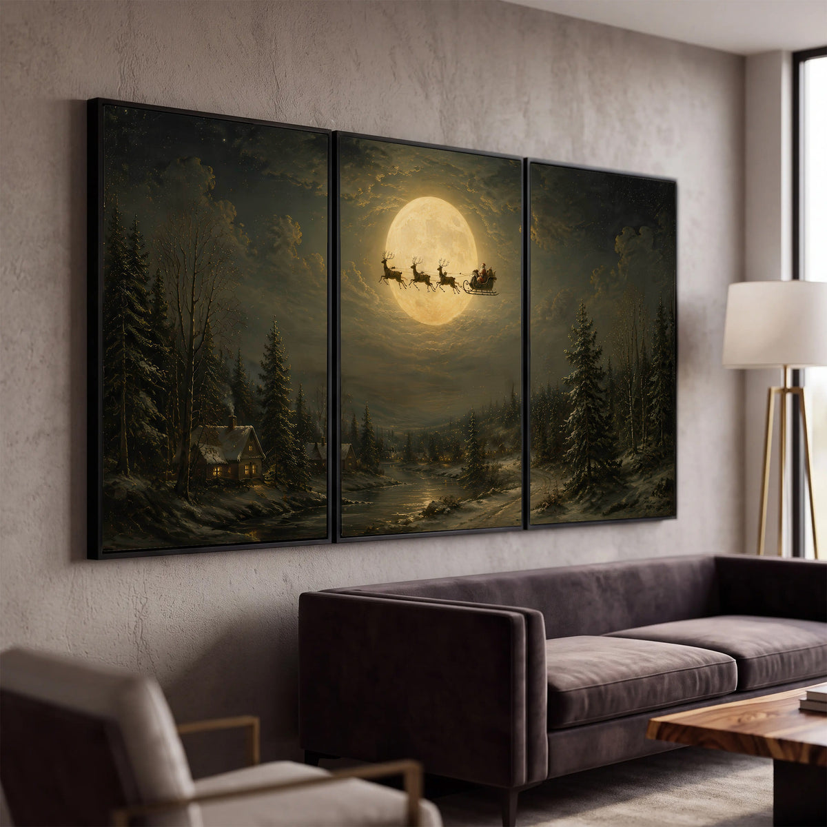 Santa sleigh full moon painting 3 piece canvas wall art in a modern living room