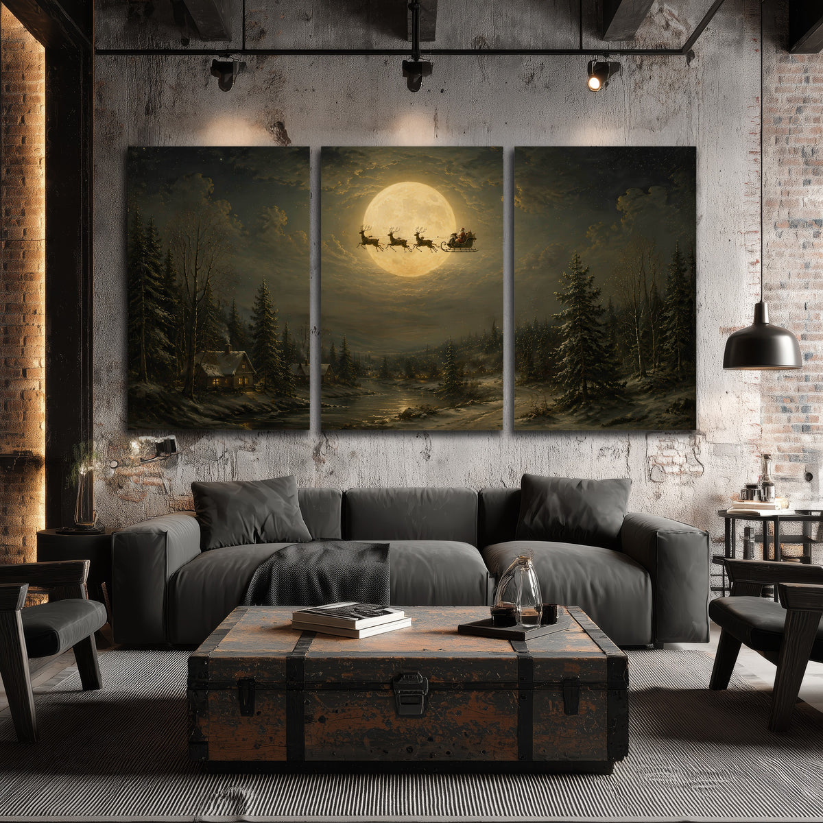 Santa sleigh full moon painting 3 piece canvas wall art in an industrial loft