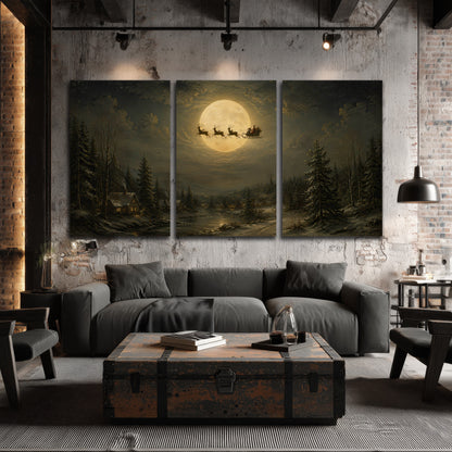 Santa sleigh full moon painting 3 piece canvas wall art in an industrial loft