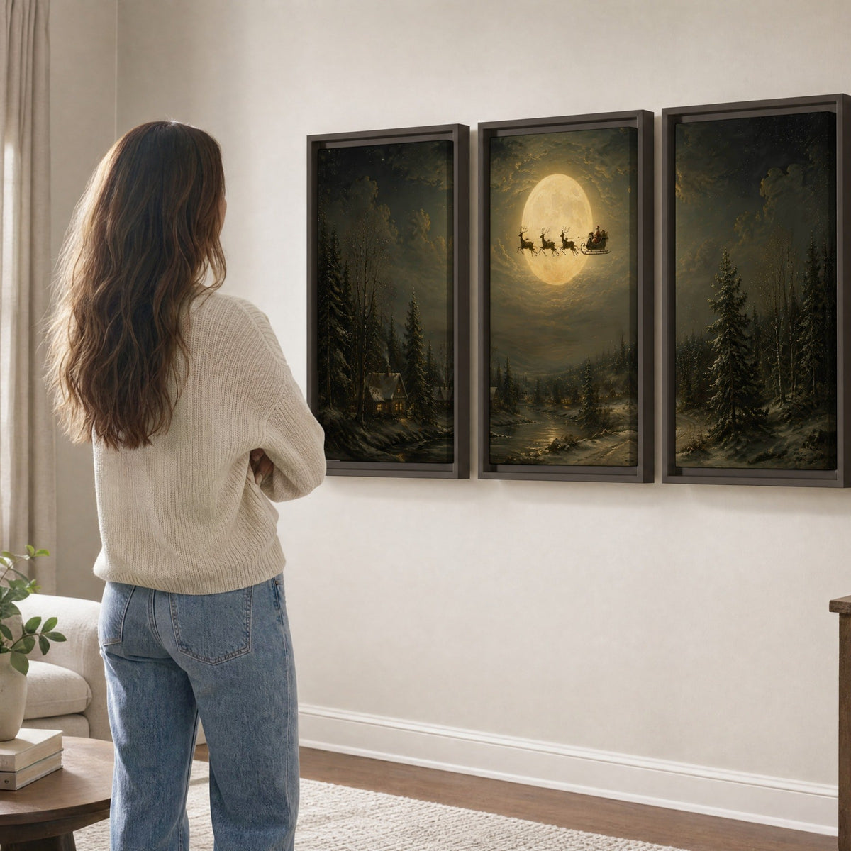 Santa sleigh full moon painting 3 piece framed canvas in a living room