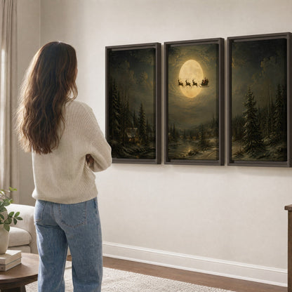 Santa sleigh full moon painting 3 piece framed canvas in a living room