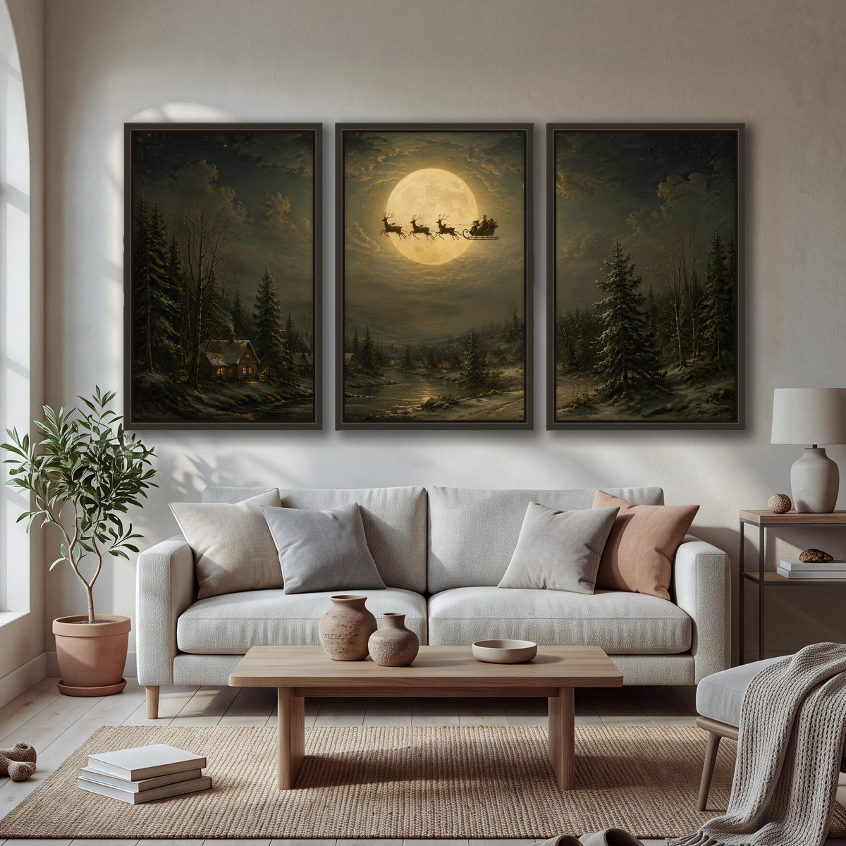 Santa sleigh full moon painting 3 piece framed canvas in a bright living room