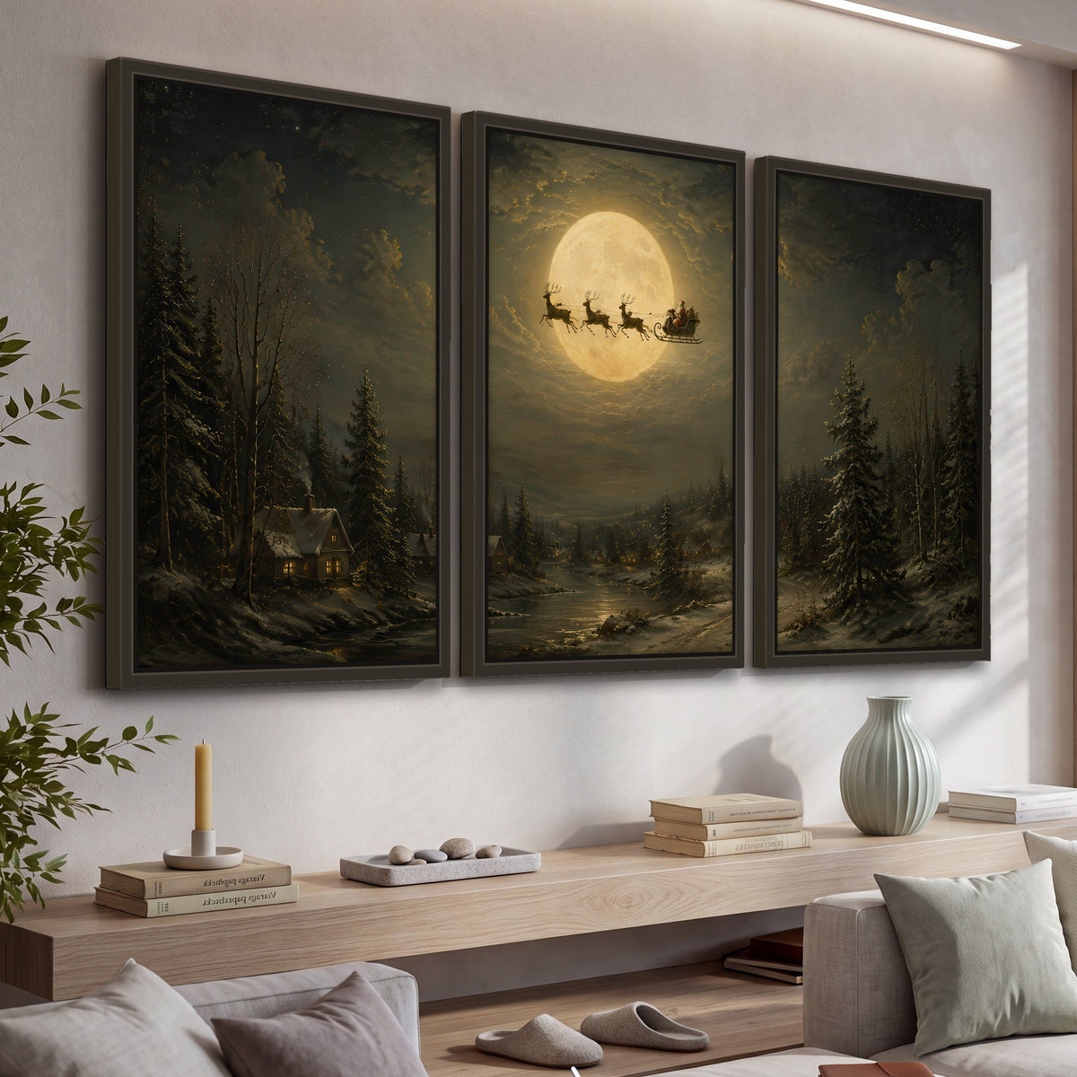 Santa sleigh full moon painting 3 piece framed canvas in a living room above a console