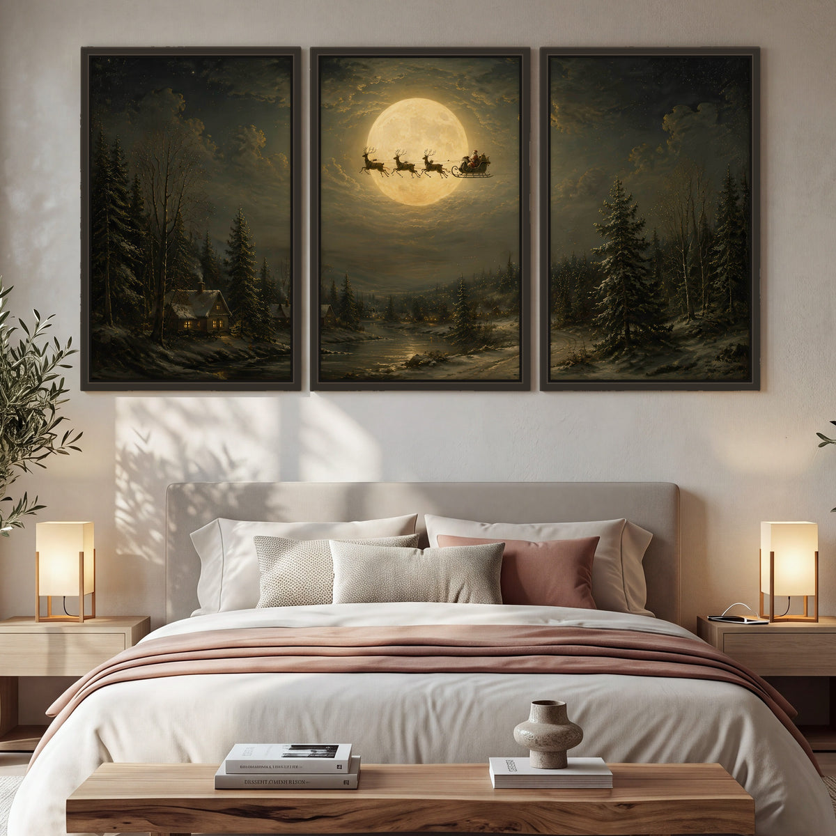 Santa sleigh full moon painting 3 piece framed canvas in a bedroom above the bed