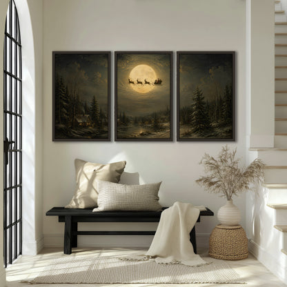 Santa sleigh full moon painting 3 piece framed canvas in an entryway above a bench