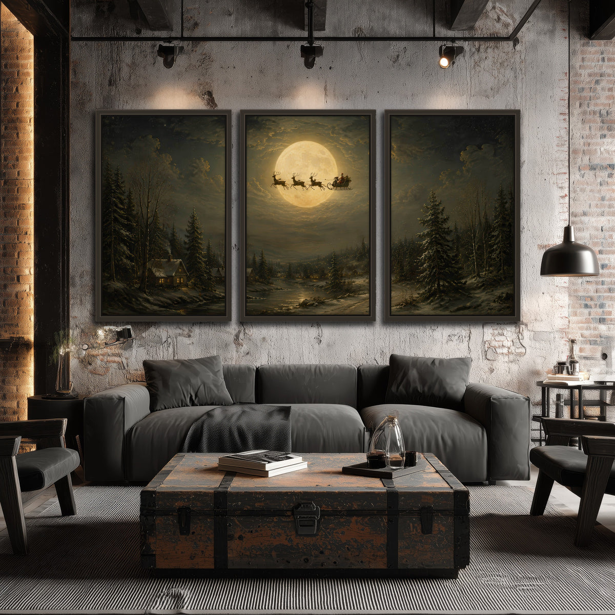 Santa sleigh full moon painting 3 piece framed canvas in an industrial loft