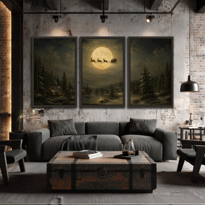 Santa sleigh full moon painting 3 piece framed canvas in an industrial loft