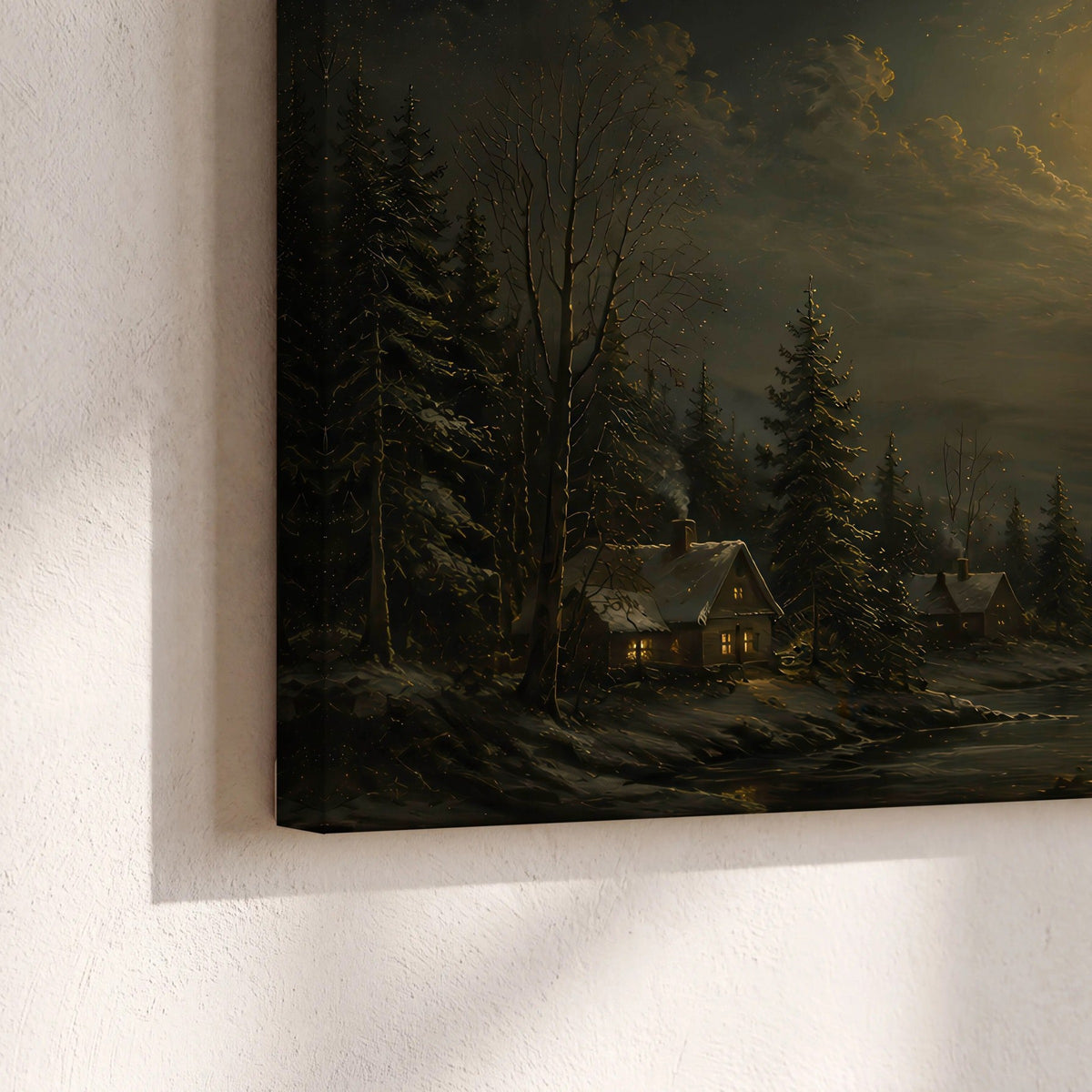 Santa sleigh full moon painting canvas print close-up showing the gallery-wrapped edge