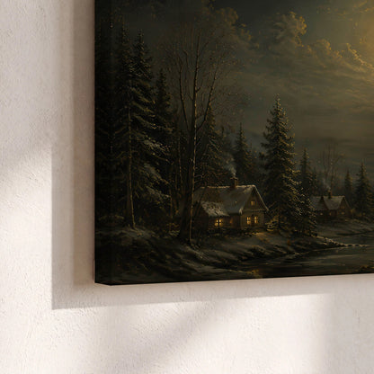 Santa sleigh full moon painting canvas print close-up showing the gallery-wrapped edge