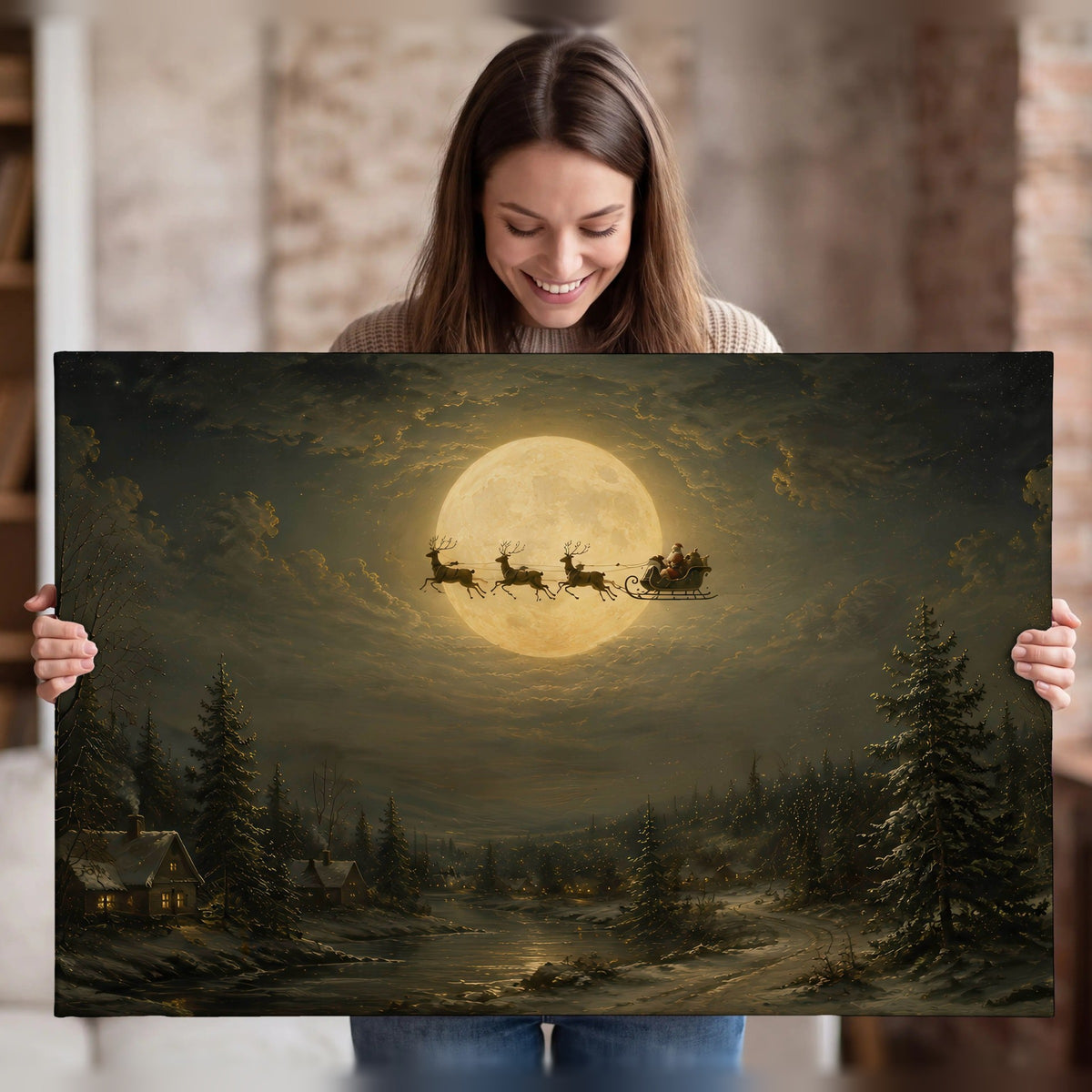 Santa sleigh full moon painting canvas wall art held in hands