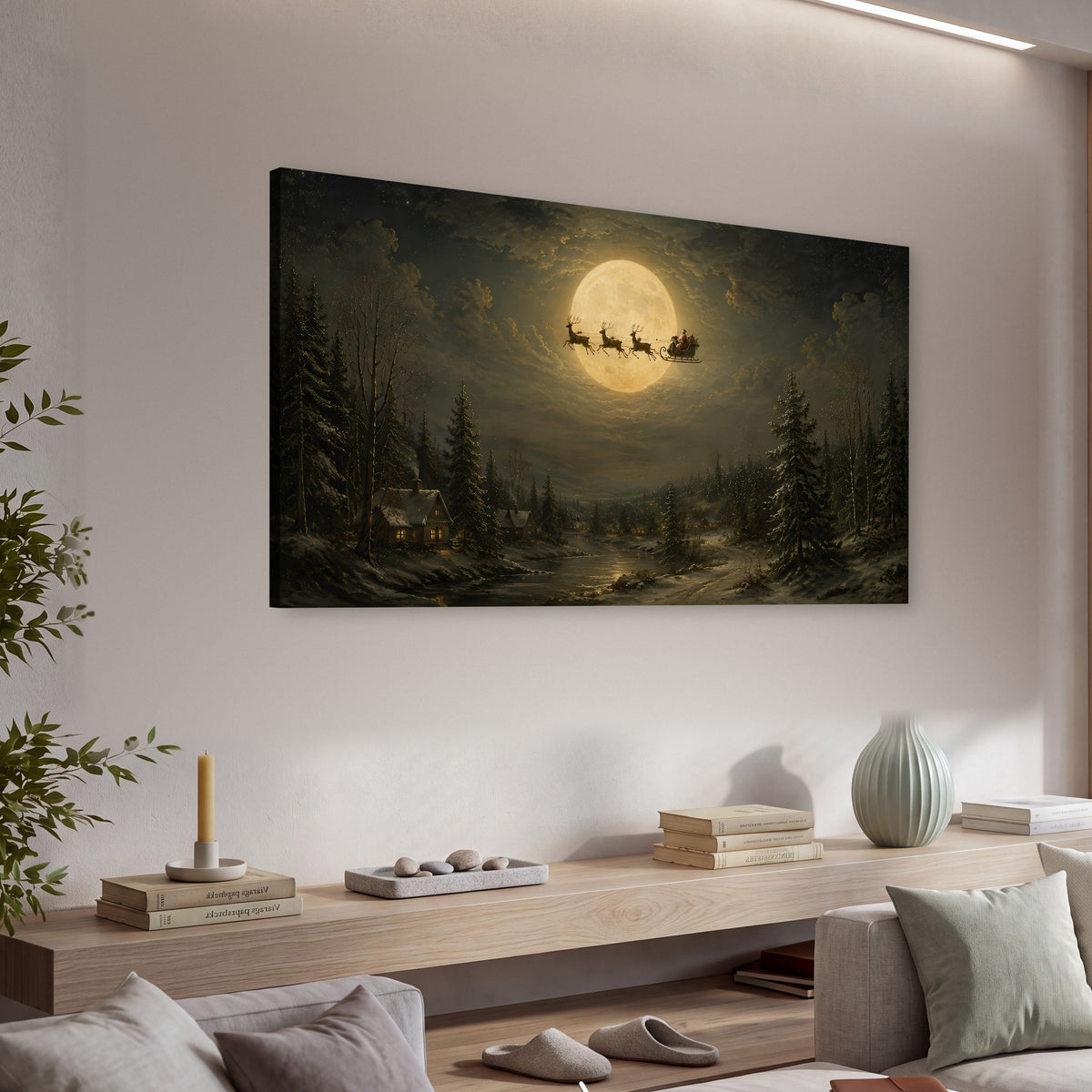 Santa sleigh full moon painting canvas wall art in a living room above a console
