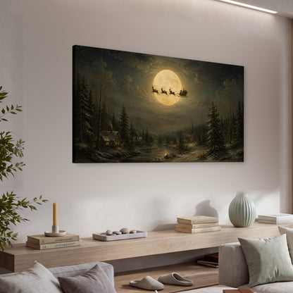 Santa sleigh full moon painting canvas wall art in a living room above a console