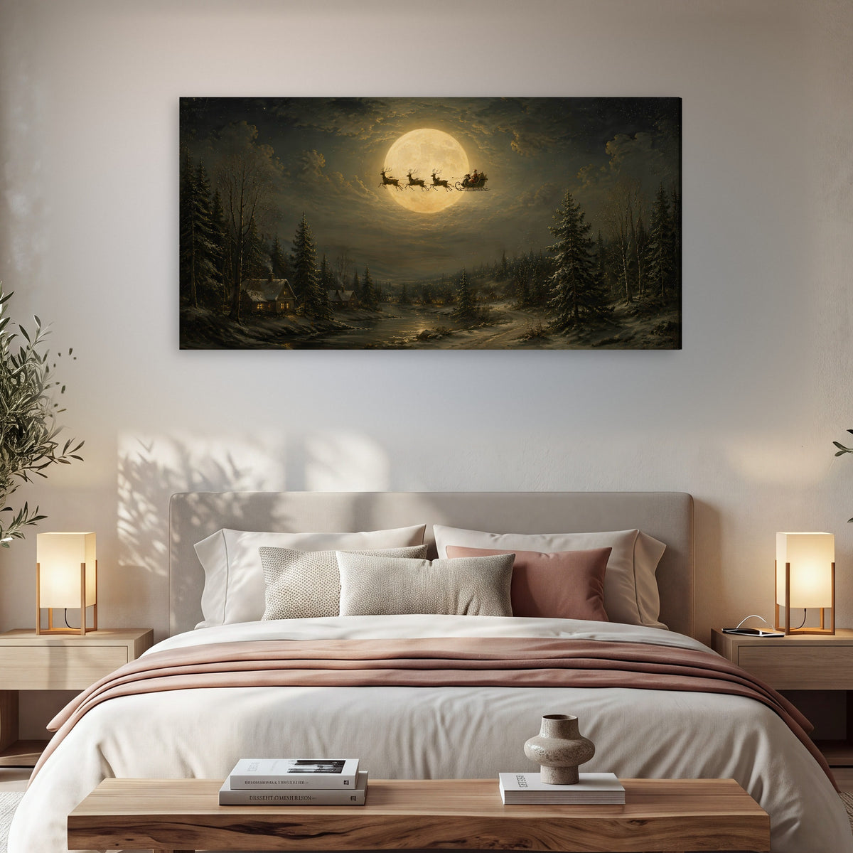 Santa sleigh full moon painting canvas wall art in a bedroom above the bed