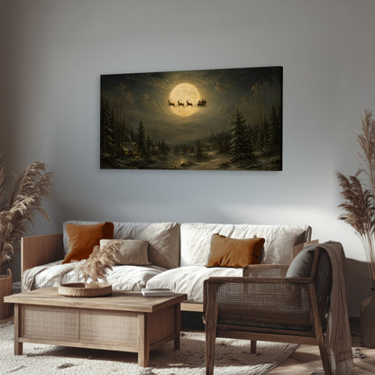 Santa sleigh full moon painting canvas wall art in a rustic living room