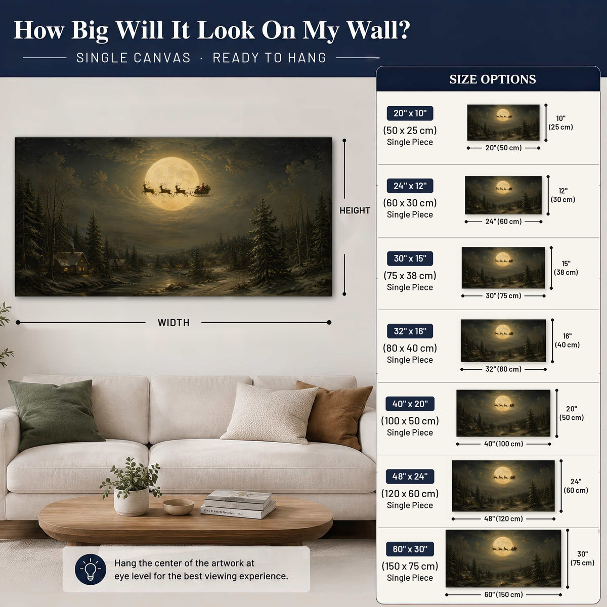 Santa sleigh full moon painting canvas wall art size guide above a sofa