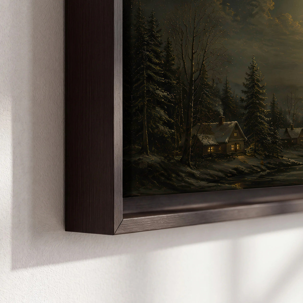 Santa sleigh full moon painting framed canvas close-up showing the floating frame