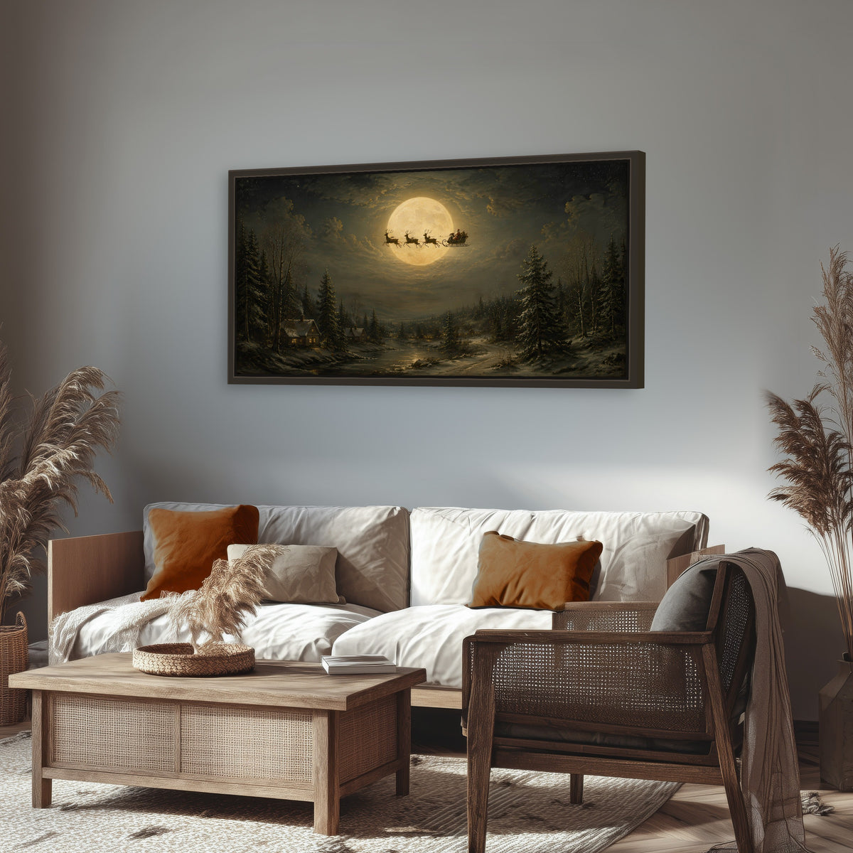 Santa sleigh full moon painting framed canvas wall art in a rustic living room