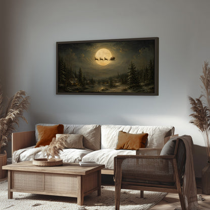 Santa sleigh full moon painting framed canvas wall art in a rustic living room