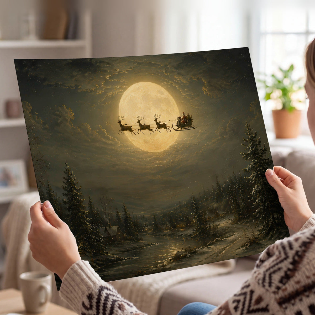 Santa sleigh full moon painting poster print held in hands