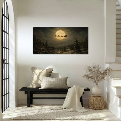 Santa sleigh full moon painting poster print in an entryway above a bench