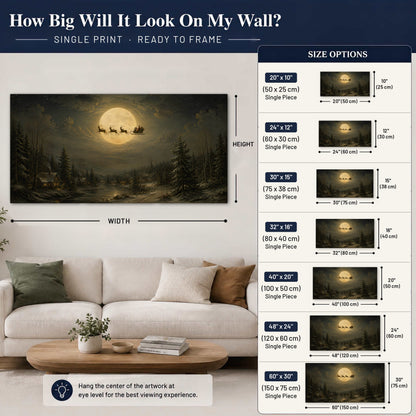 Santa sleigh full moon painting poster print size guide above a sofa