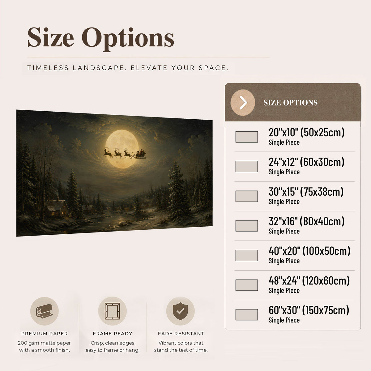 Santa sleigh full moon painting poster print size options