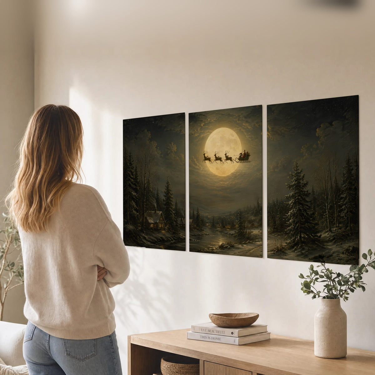 Santa sleigh full moon painting set of 3 poster prints in a living room