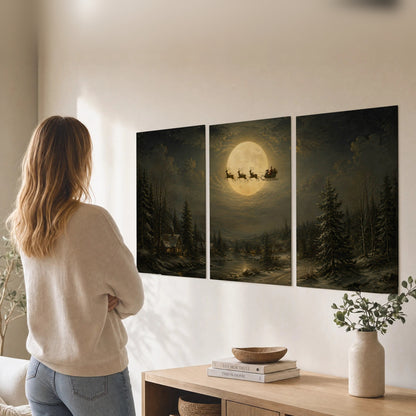 Santa sleigh full moon painting set of 3 poster prints in a living room