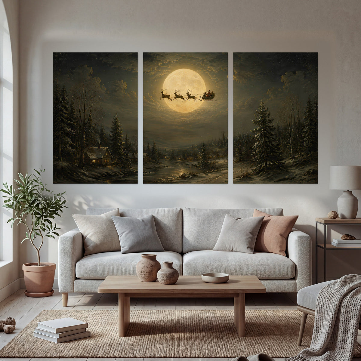 Santa sleigh full moon painting set of 3 poster prints in a bright living room