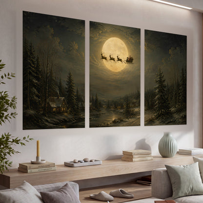 Santa sleigh full moon painting set of 3 poster prints in a living room above a console