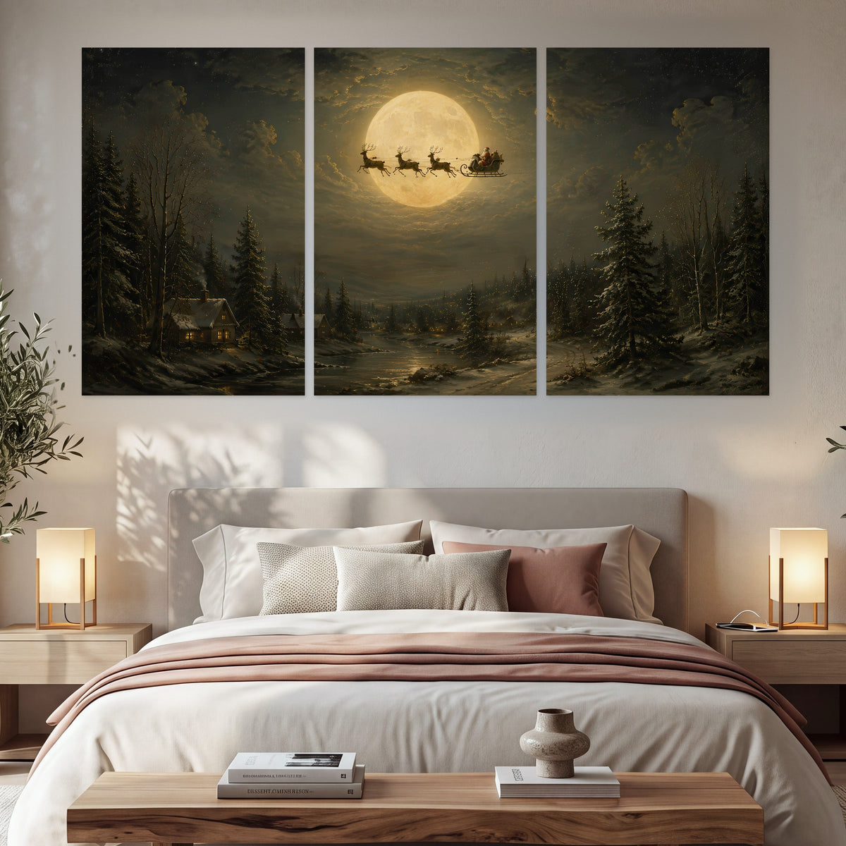 Santa sleigh full moon painting set of 3 poster prints in a bedroom above the bed