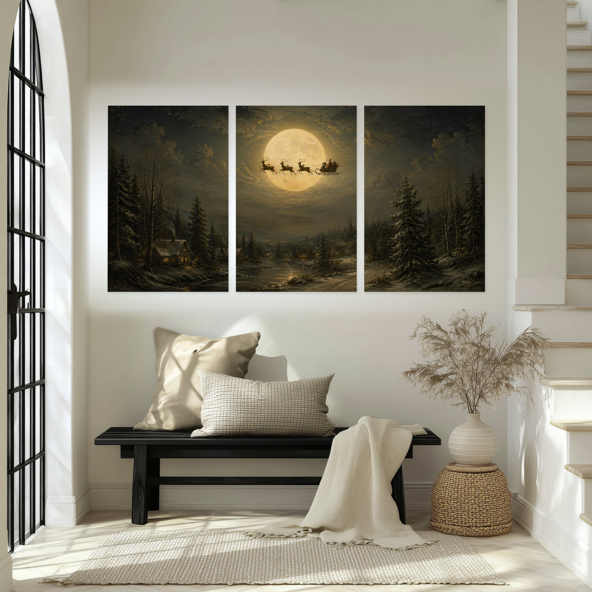 Santa sleigh full moon painting set of 3 poster prints in an entryway above a bench