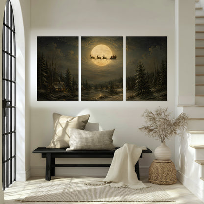 Santa sleigh full moon painting set of 3 poster prints in an entryway above a bench
