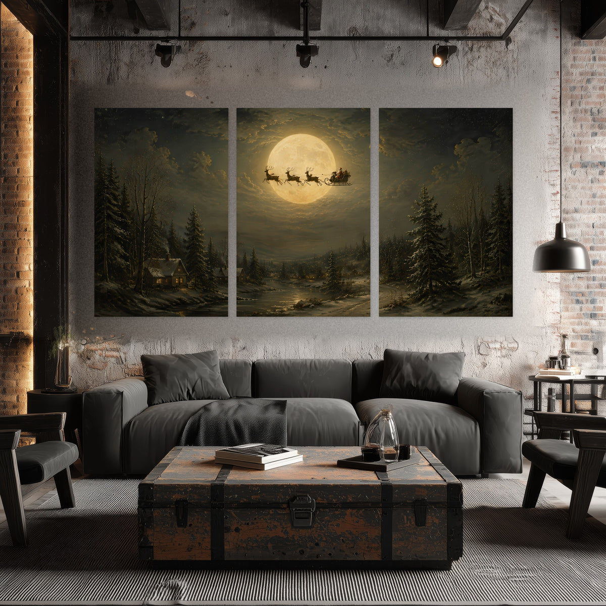 Santa sleigh full moon painting set of 3 poster prints in an industrial loft