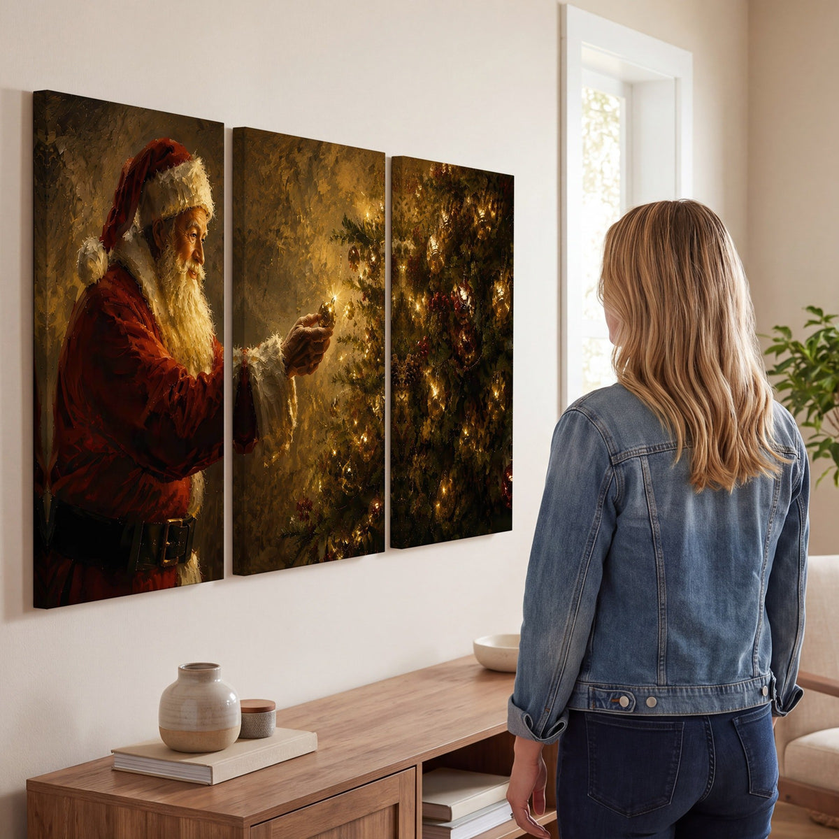 Santa and Christmas tree painting 3 piece canvas wall art in a living room