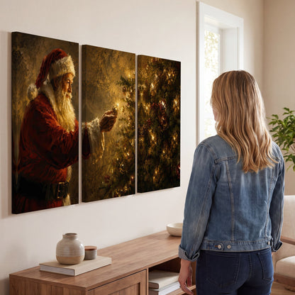 Santa and Christmas tree painting 3 piece canvas wall art in a living room