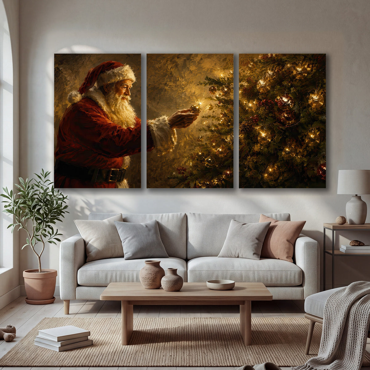 Santa and Christmas tree painting 3 piece canvas wall art in a bright living room