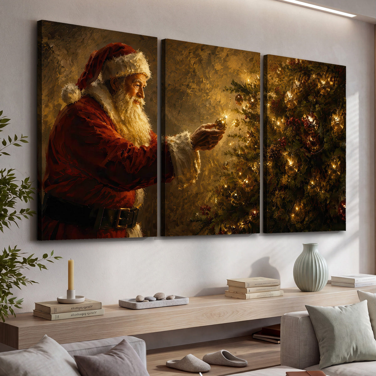 Santa and Christmas tree painting 3 piece canvas wall art in a living room above a console