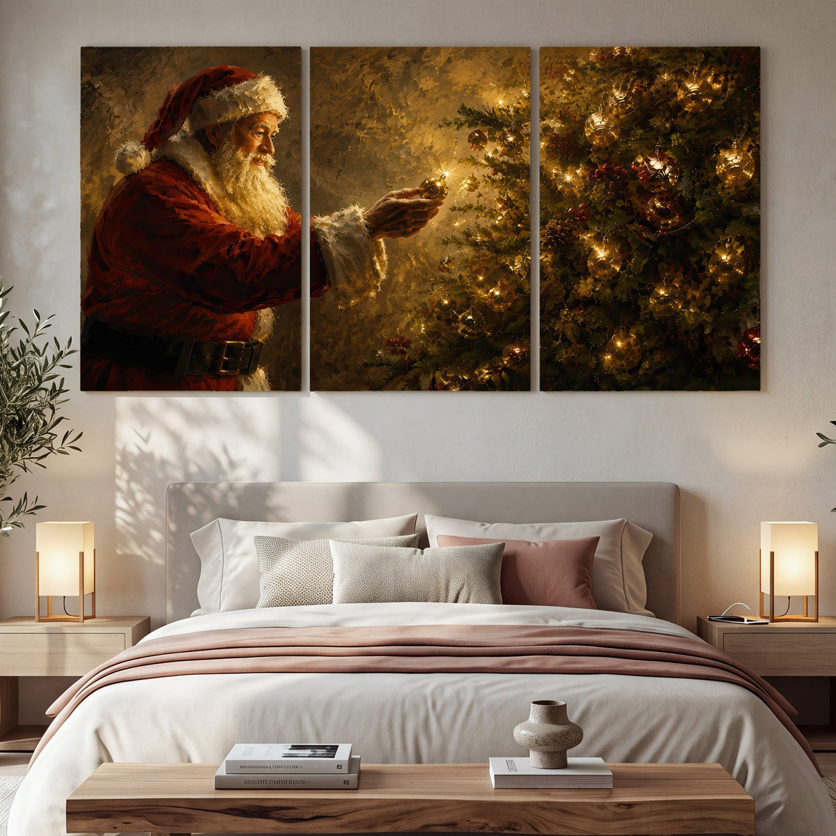 Santa and Christmas tree painting 3 piece canvas wall art in a bedroom above the bed