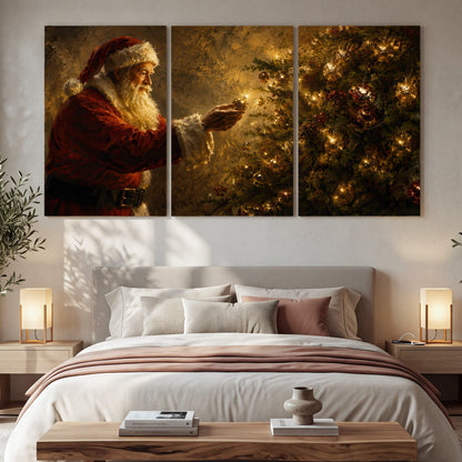 Santa and Christmas tree painting 3 piece canvas wall art in a bedroom above the bed