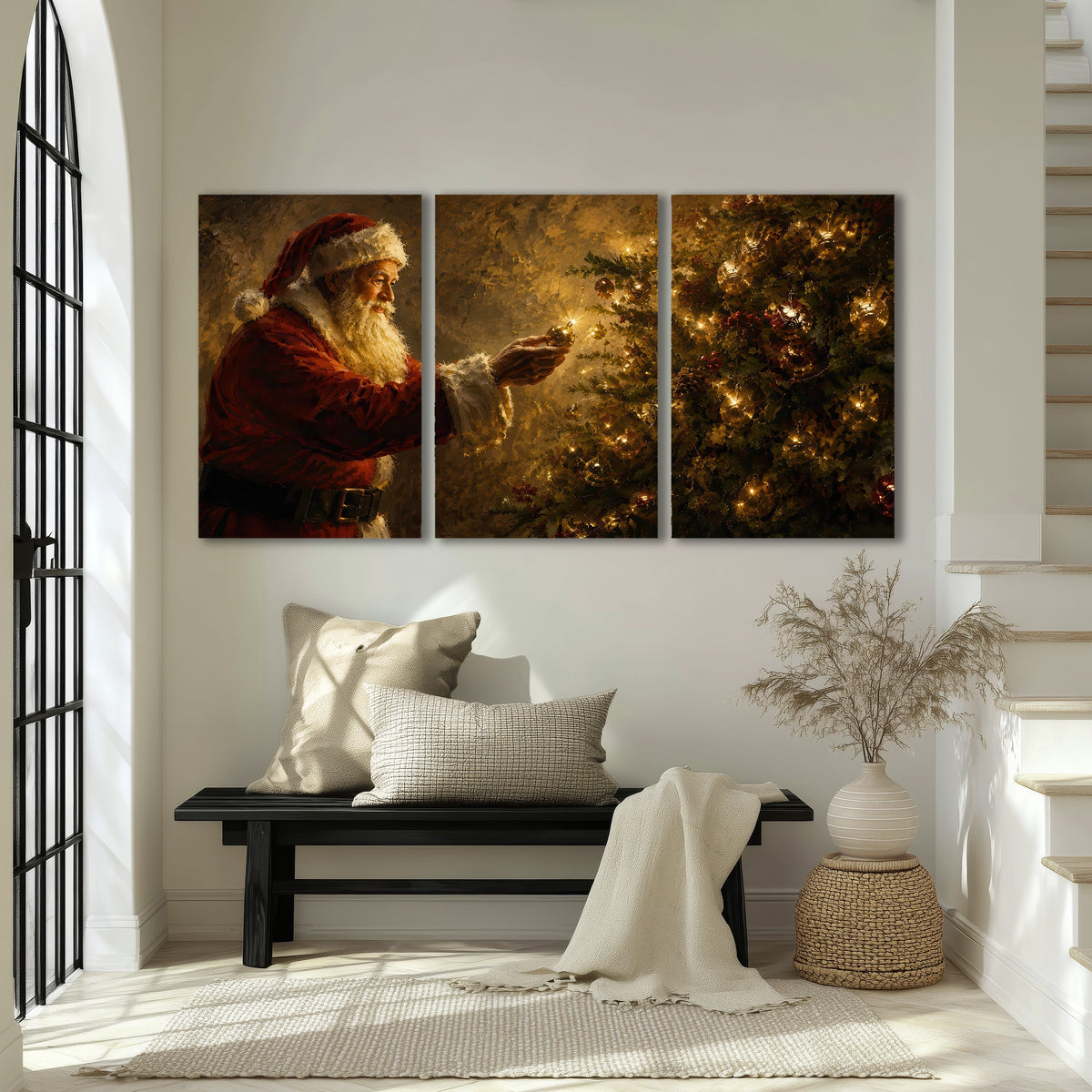 Santa and Christmas tree painting 3 piece canvas wall art in an entryway above a bench