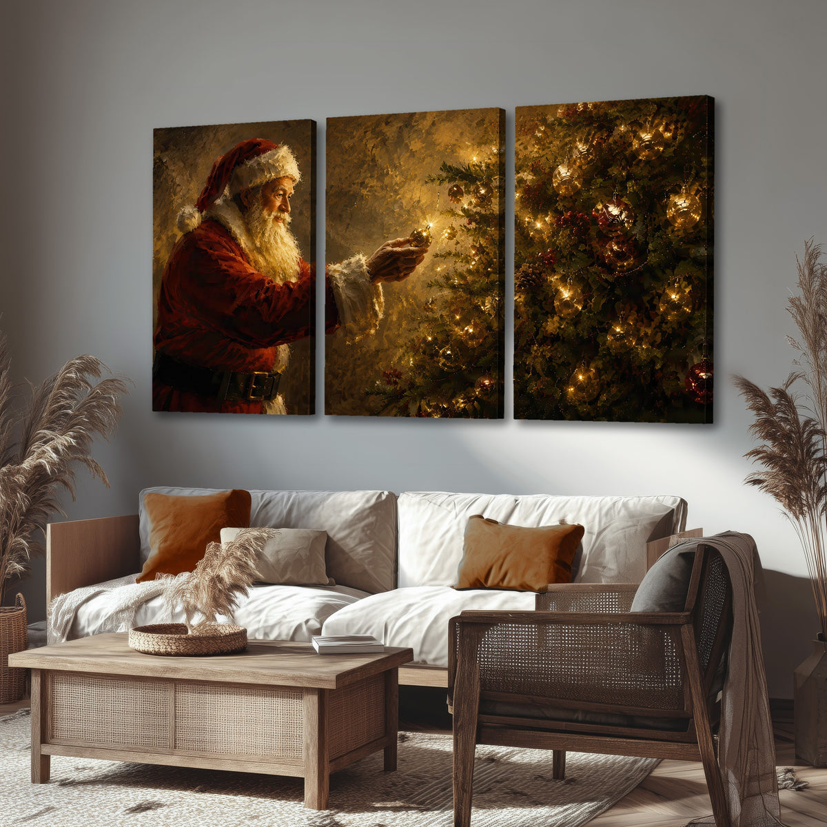 Santa and Christmas tree painting 3 piece canvas wall art in a rustic living room