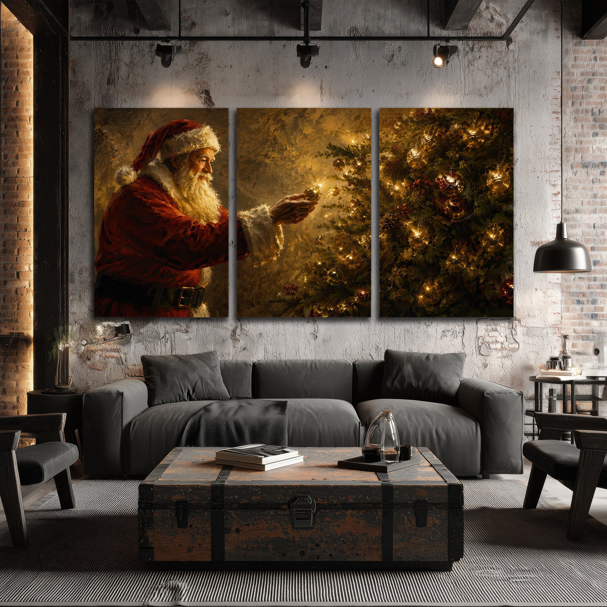 Santa and Christmas tree painting 3 piece canvas wall art in an industrial loft