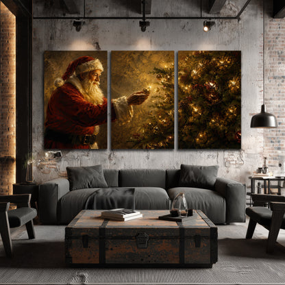 Santa and Christmas tree painting 3 piece canvas wall art in an industrial loft