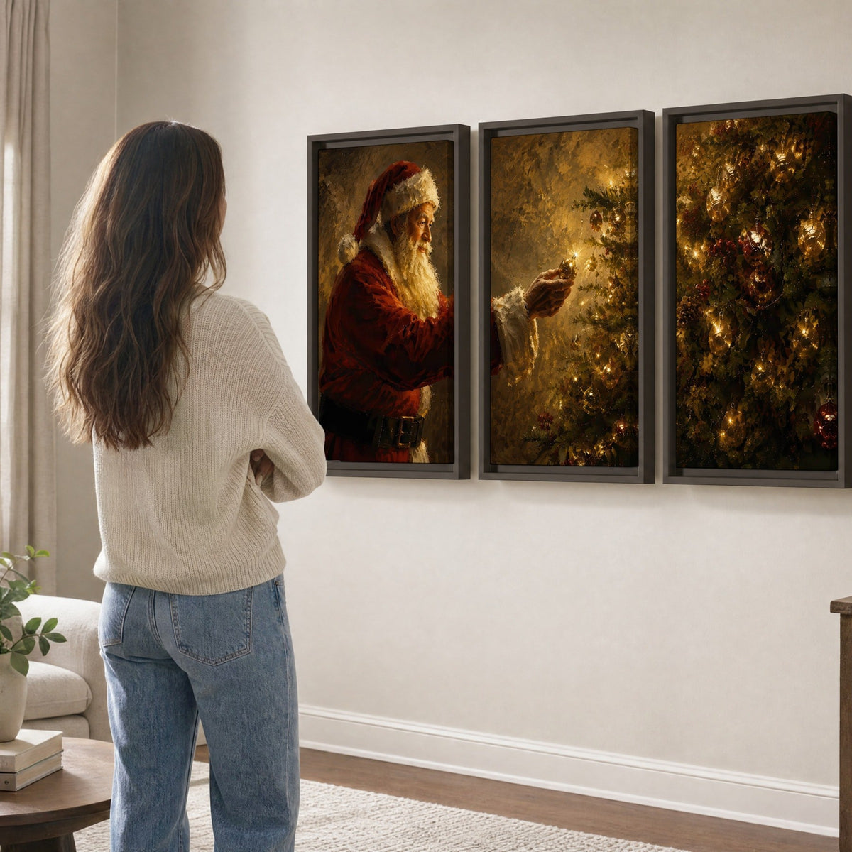 Santa and Christmas tree painting 3 piece framed canvas in a living room