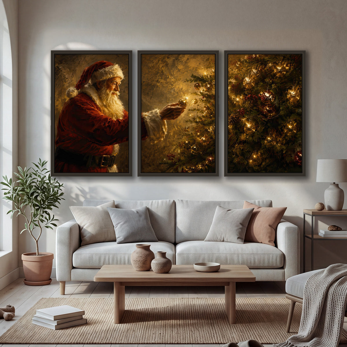 Santa and Christmas tree painting 3 piece framed canvas in a bright living room