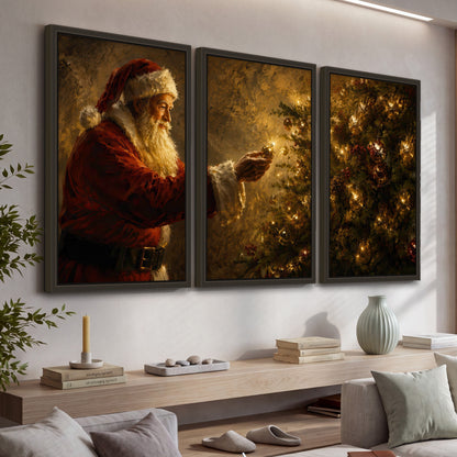 Santa and Christmas tree painting 3 piece framed canvas in a living room above a console