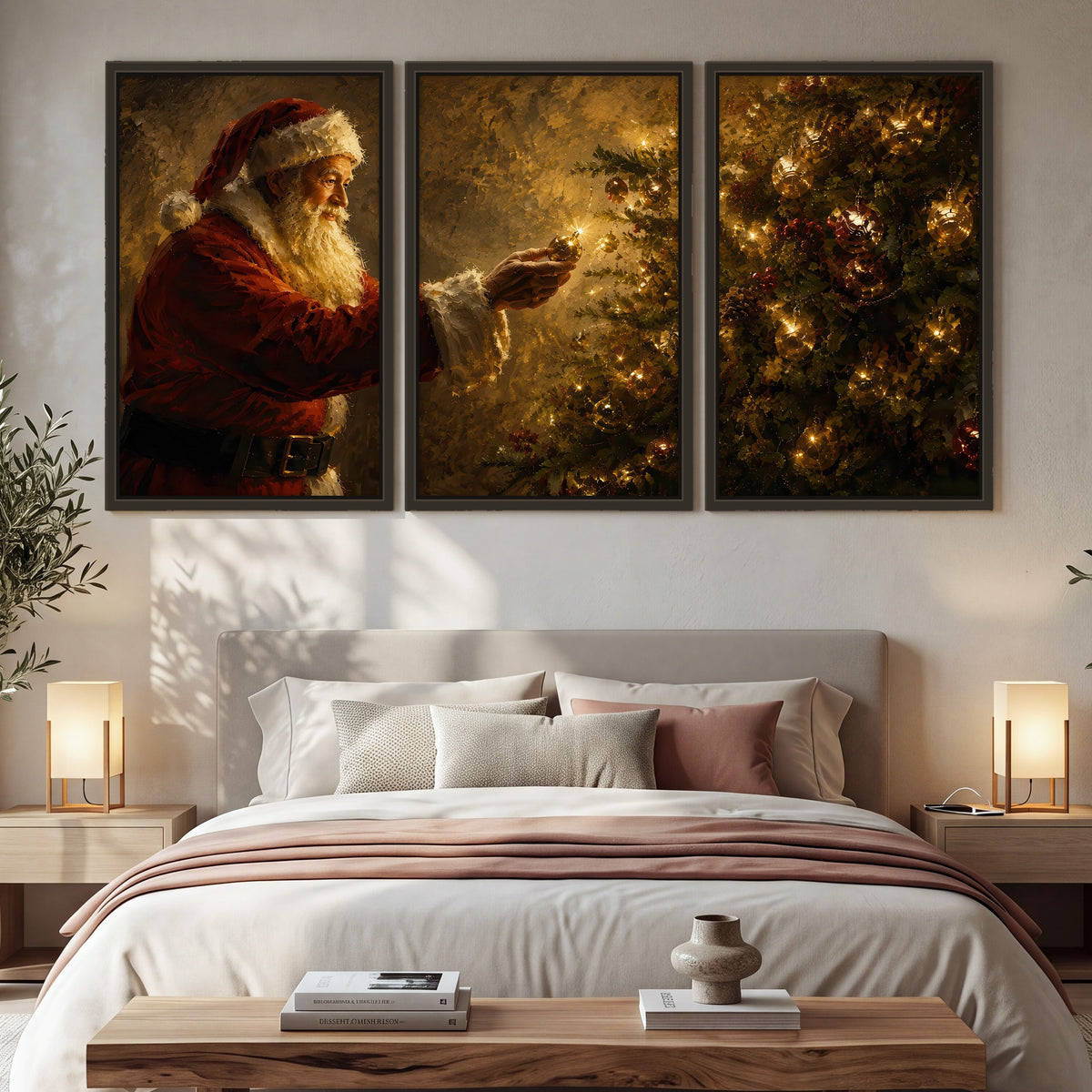 Santa and Christmas tree painting 3 piece framed canvas in a bedroom above the bed
