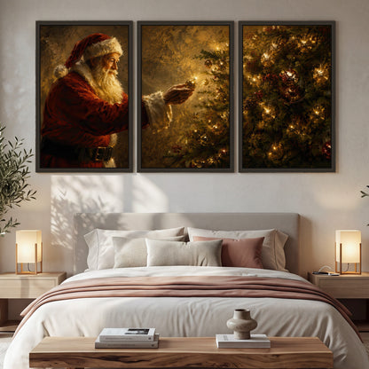 Santa and Christmas tree painting 3 piece framed canvas in a bedroom above the bed